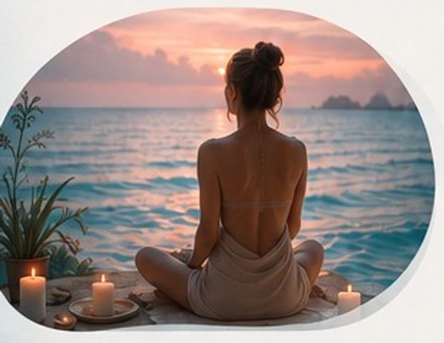 Femme assise en méditation face à la mer au coucher du soleil, entourée de bougies et d’une plante